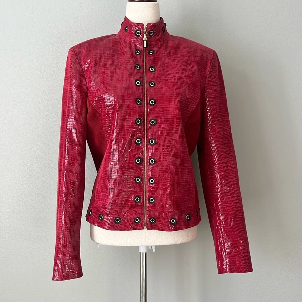 St John Couture Red Embossed Leather Jacket Grommet‎ Moto Zip SZ 6-8